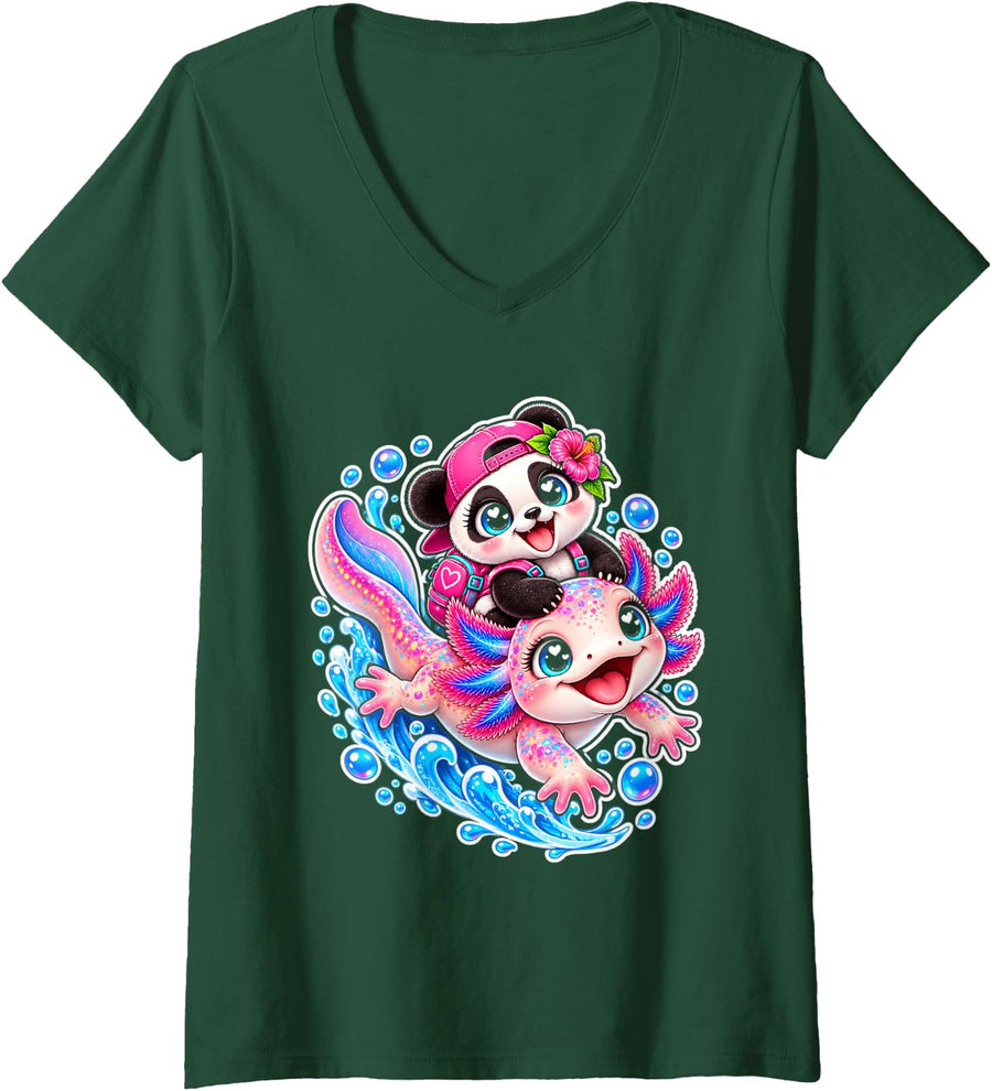 Women's Panda Pals Cutest Animals Ever for Kids Gift Ideas V-Neck T-Shirt - Dark Green