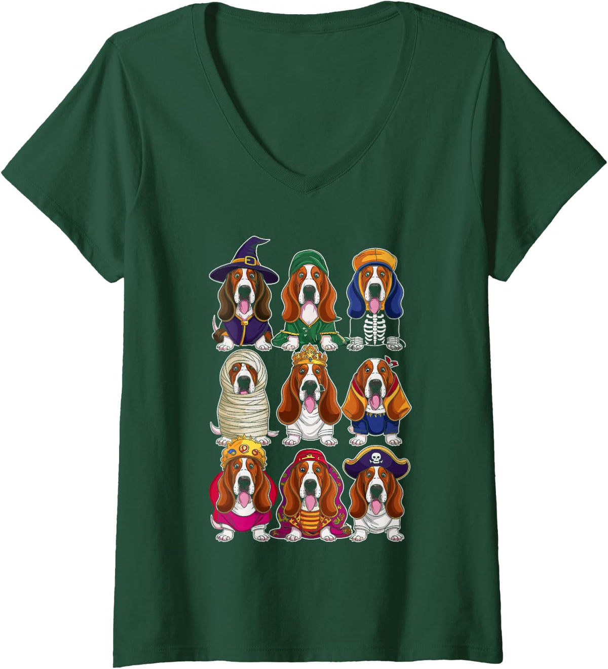 Women's Halloween Basset Hound Costume Parade V-Neck T-Shirt - Dark Green