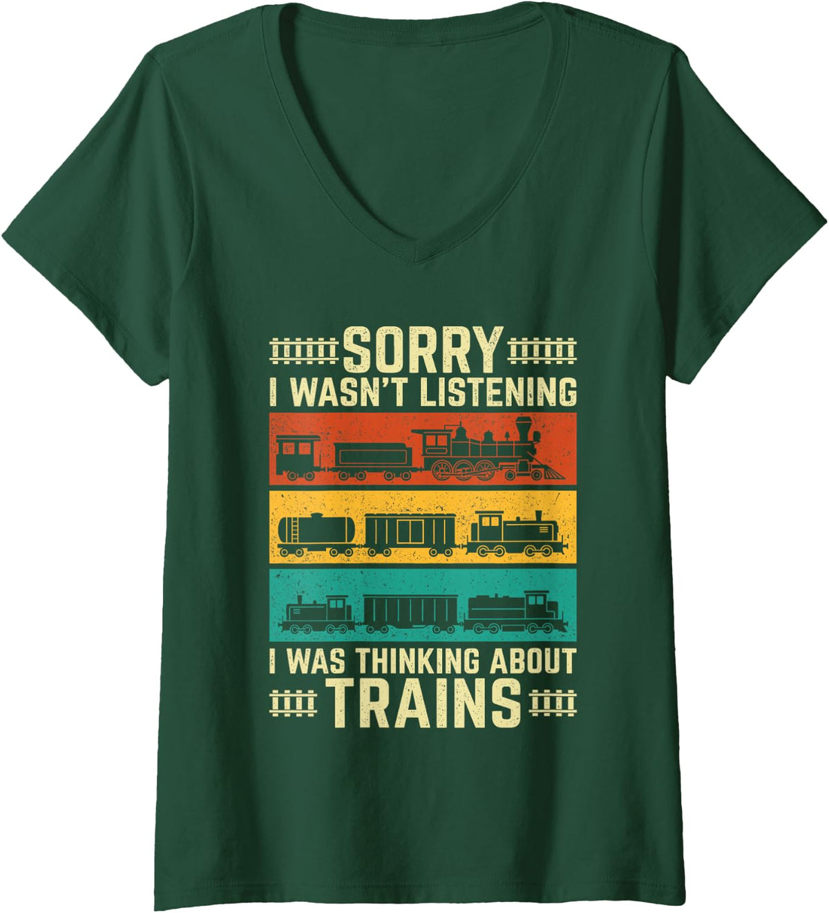 Women's I was Thinking About Trains - Train Lover Railroad Railfan V-Neck T-Shirt - Dark Green