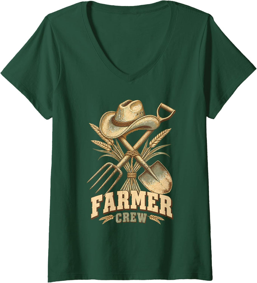 Women's Farmer Crew Farming Farm Animal Farmer Gift Country Life V-Neck T-Shirt - Dark Green