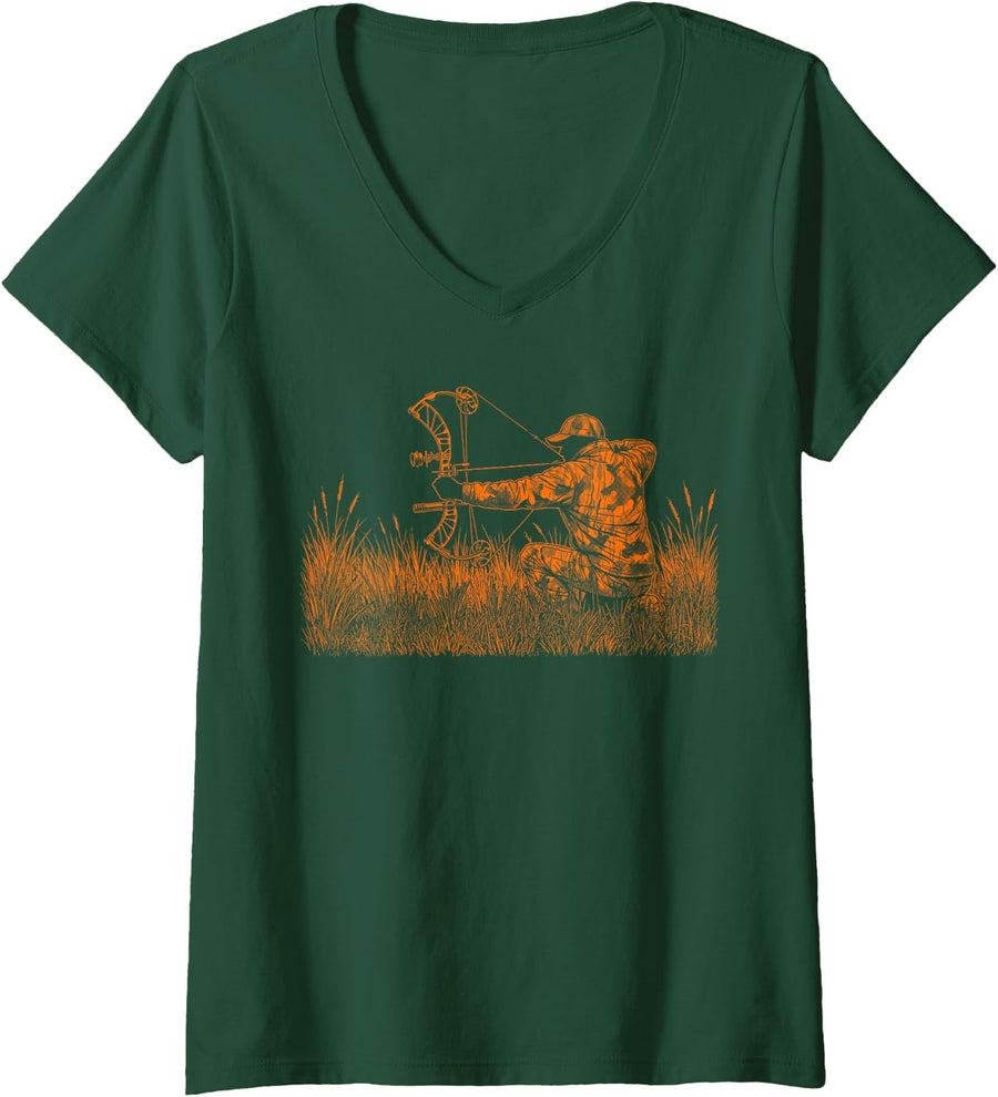 Women's Archery Bowhunter Deer Mule Elk Bow Hunting Vintage Archer V-Neck T-Shirt - Dark Green