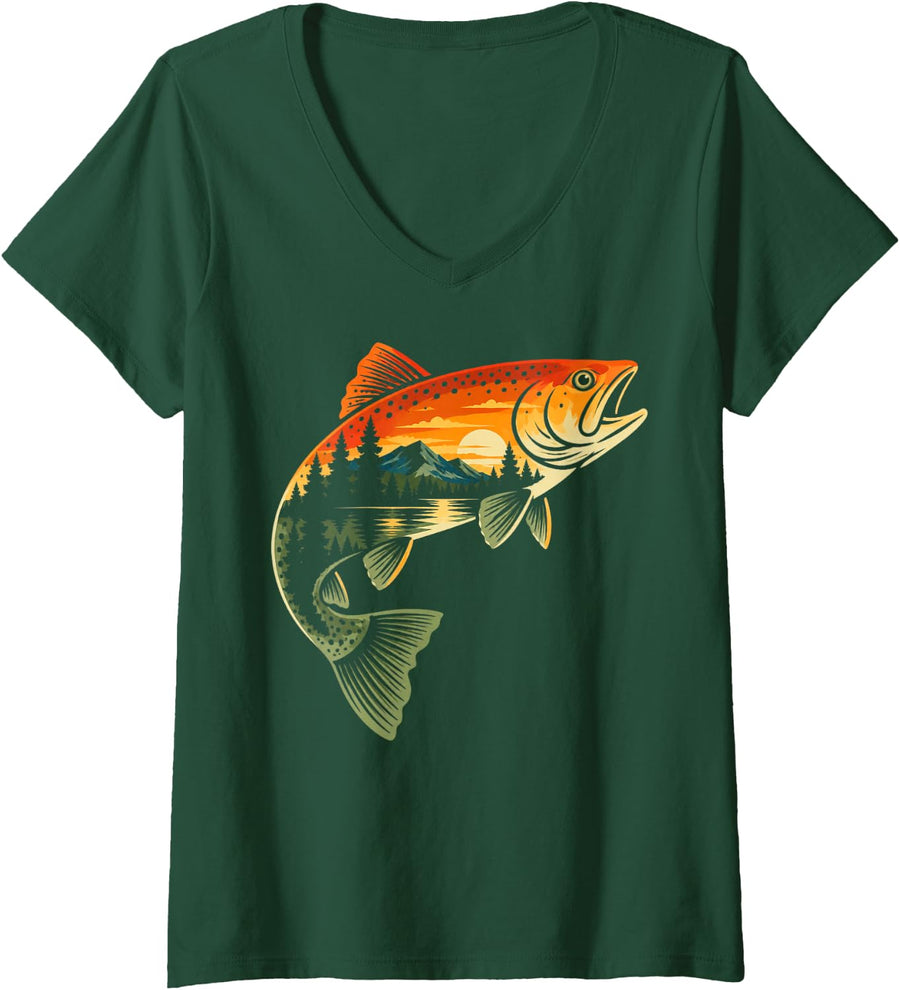 Women's Trout Fishing Mountain River Fisherman Angler Fish Lover V-Neck T-Shirt - Dark Green