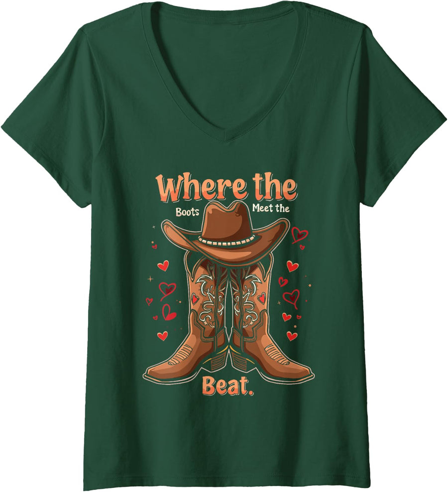 Women's Where The Boots Meet The Beat Line Dancing V-Neck T-Shirt - Dark Green