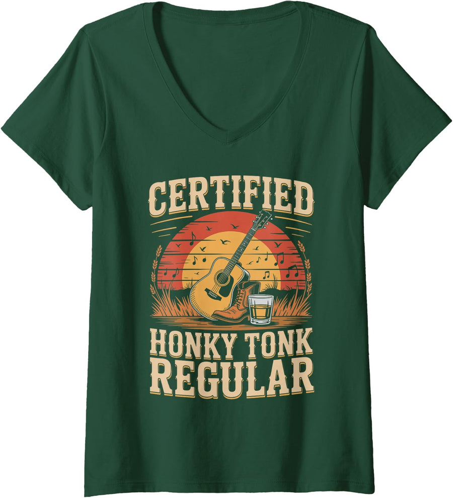 Women's Certified Honky Tonk Regular Line Dancing V-Neck T-Shirt - Dark Green