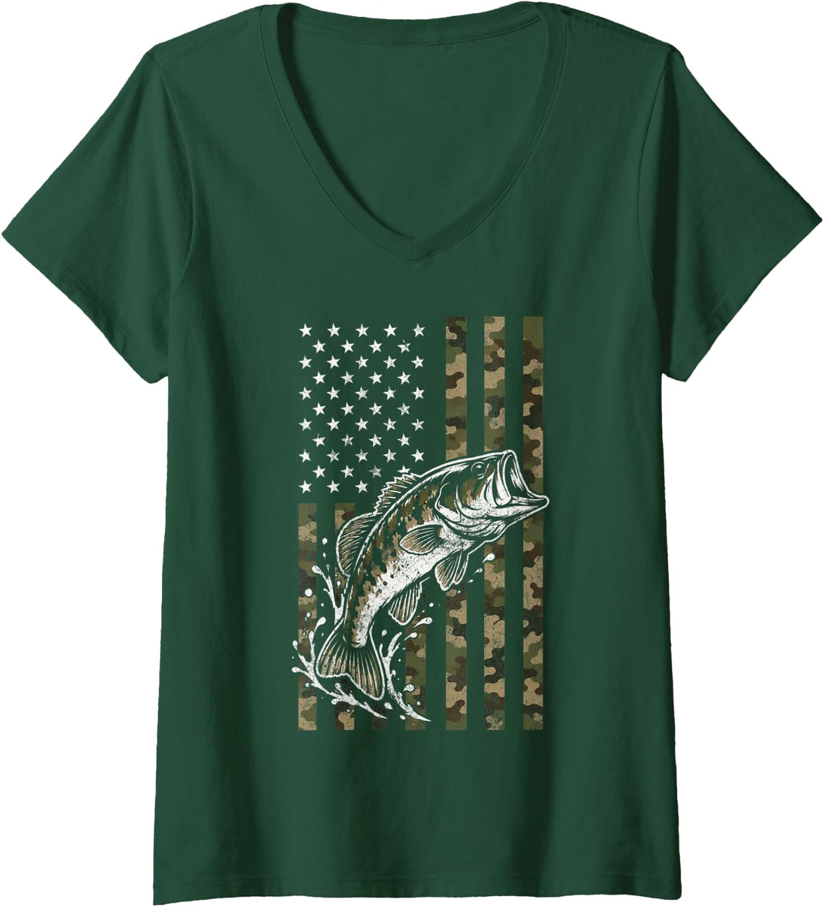 Women's American Flag Bass Fishing Camo Fisherman Angler Fish Lover V-Neck T-Shirt - Dark Green