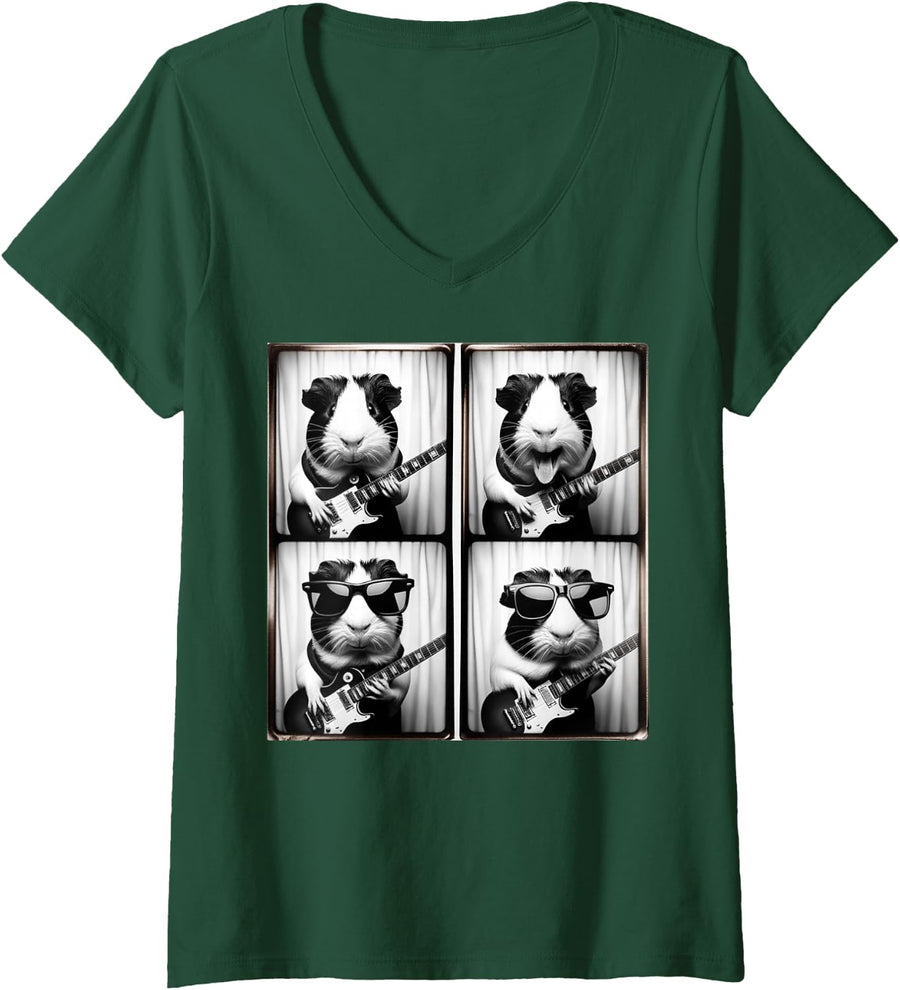 Women's Guinea Pig Playing Electric Guitar. Guinea Pig Photobooth V-Neck T-Shirt - Dark Green