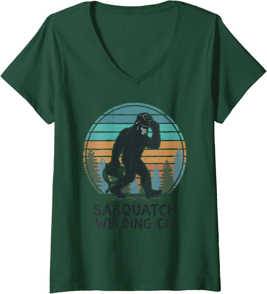 Women's Vintage Sasquatch Welder Welding Metalworker Metal Weld Tee V-Neck T-Shirt - Dark Green