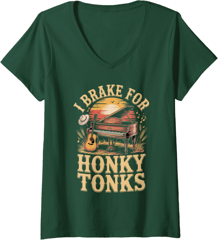 Women's I Brake for Honky Tonks Country Music Line Dancing V-Neck T-Shirt - Dark Green