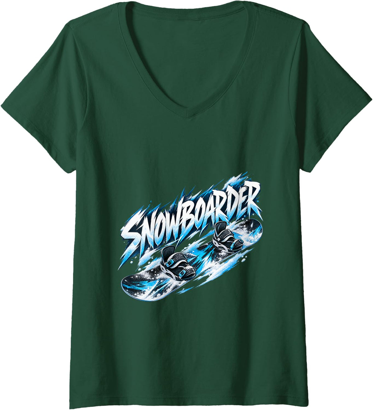 Women's Snowboarder Snowboard Rider Powder Seasonal Artwork V-Neck T-Shirt - Dark Green