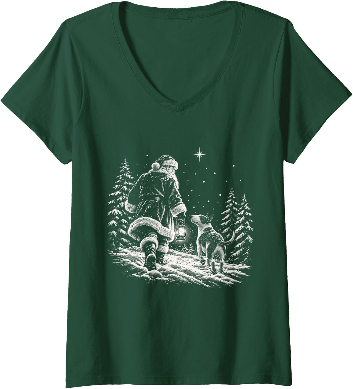 Women's Bull Terrier Christmas Dog Walking with Santa Holiday Dog V-Neck T-Shirt - Dark Green