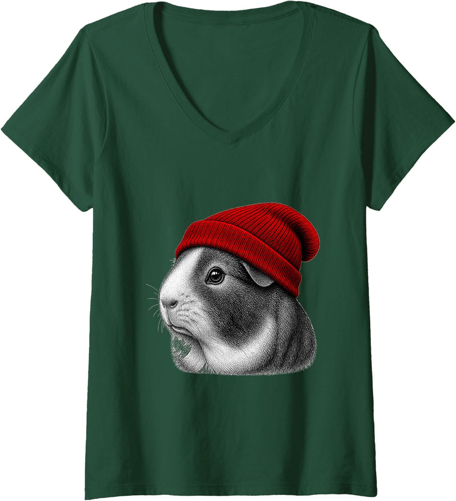 Women's Guinea Pig Wearing Beanie Funny Chill Animal Lover V-Neck T-Shirt - Dark Green