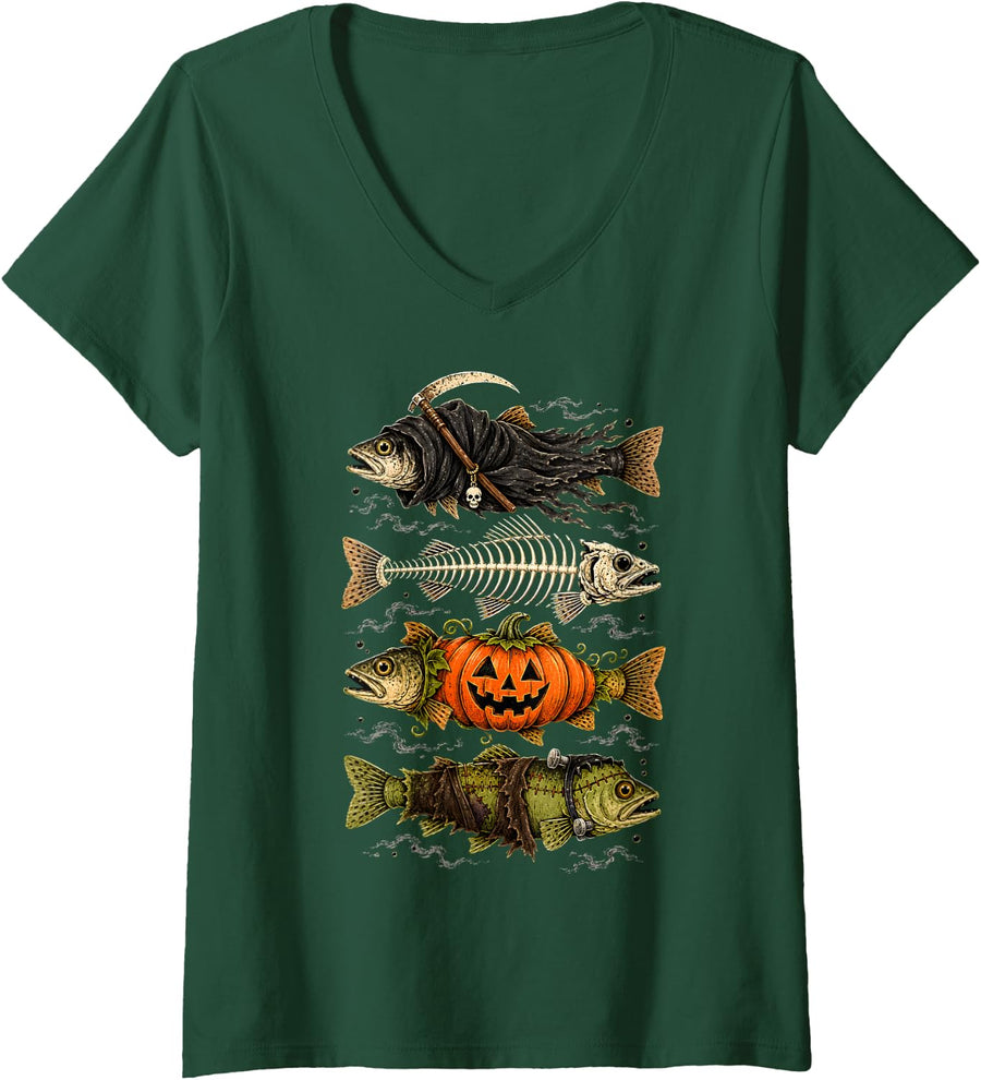 Women's Spooky Halloween Fish Skeleton Pumpkin Mummy Trout Humor Tee V-Neck T-Shirt - Dark Green