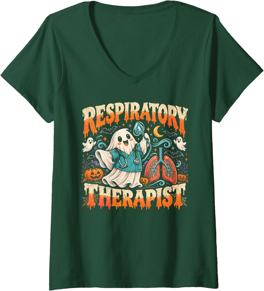 Women's Respiratory Therapist Funny Ghost Lung Care V-Neck T-Shirt - Dark Green