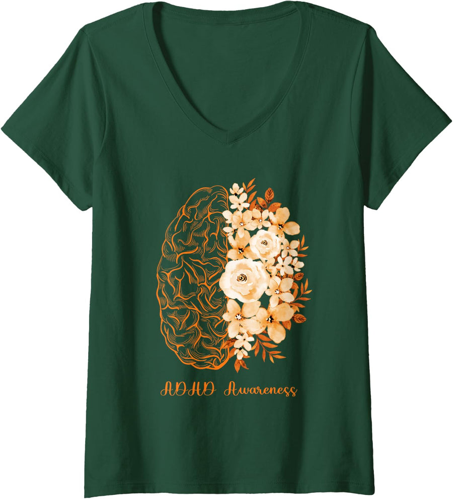 Women's ADHD Awareness Brain Flower Orange Ribbon V-Neck T-Shirt - Dark Green