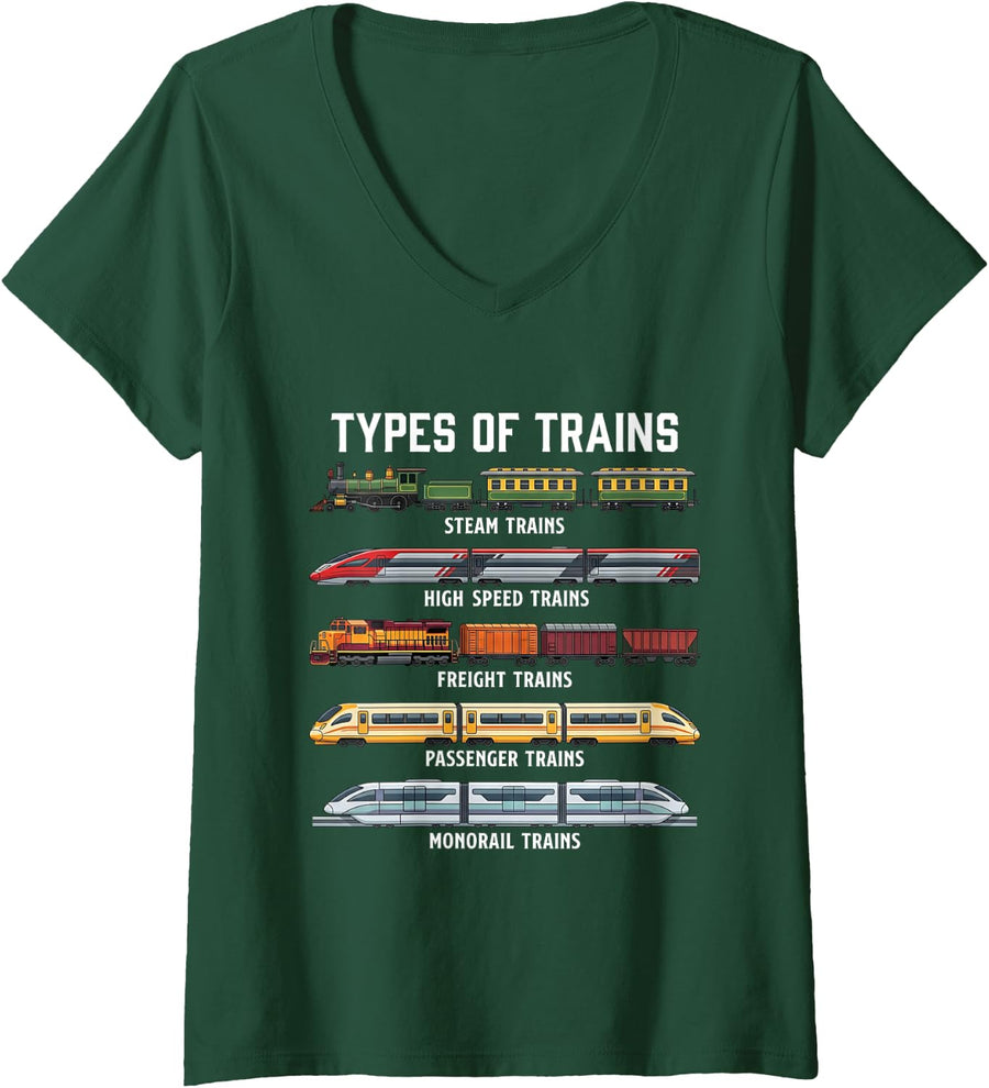 Women's Types of Trains - Train Lover Railroad Steam Locomotive V-Neck T-Shirt - Dark Green