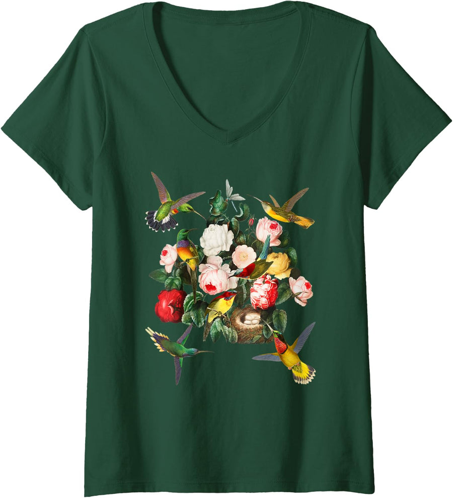 Womens Hummingbird Flowers Shirt Hummingbird Lover Gift Hummingbird V-Neck T-Shirt - Dark Green