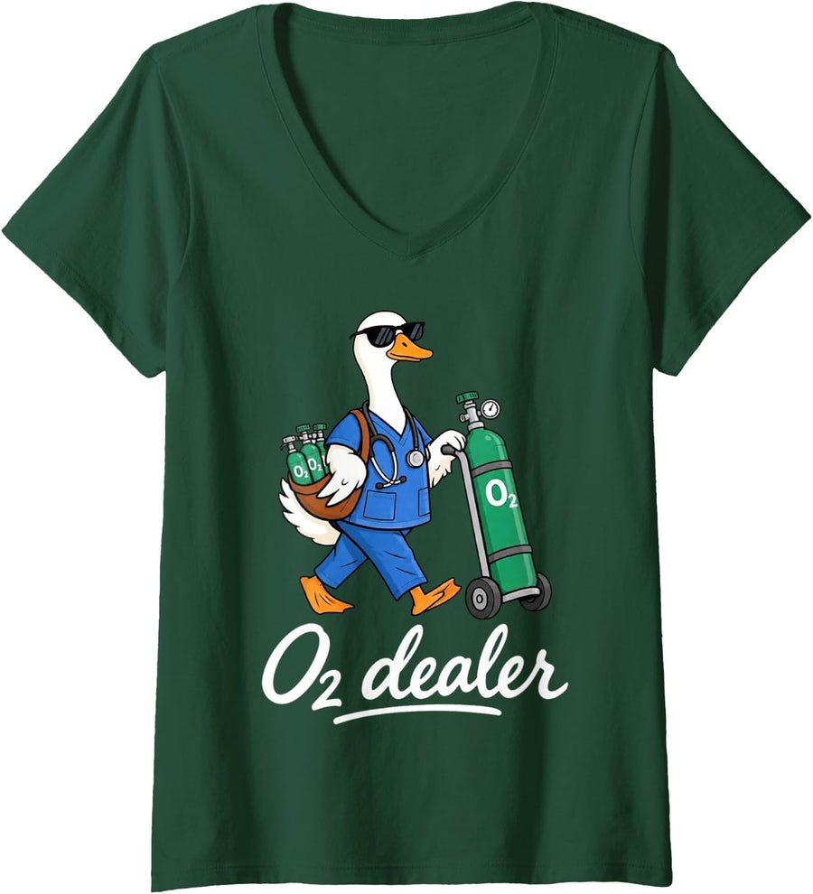 Women's Respiratory Therapist RT Oxygen O2 Dealer Goose Lung Care V-Neck T-Shirt - Dark Green
