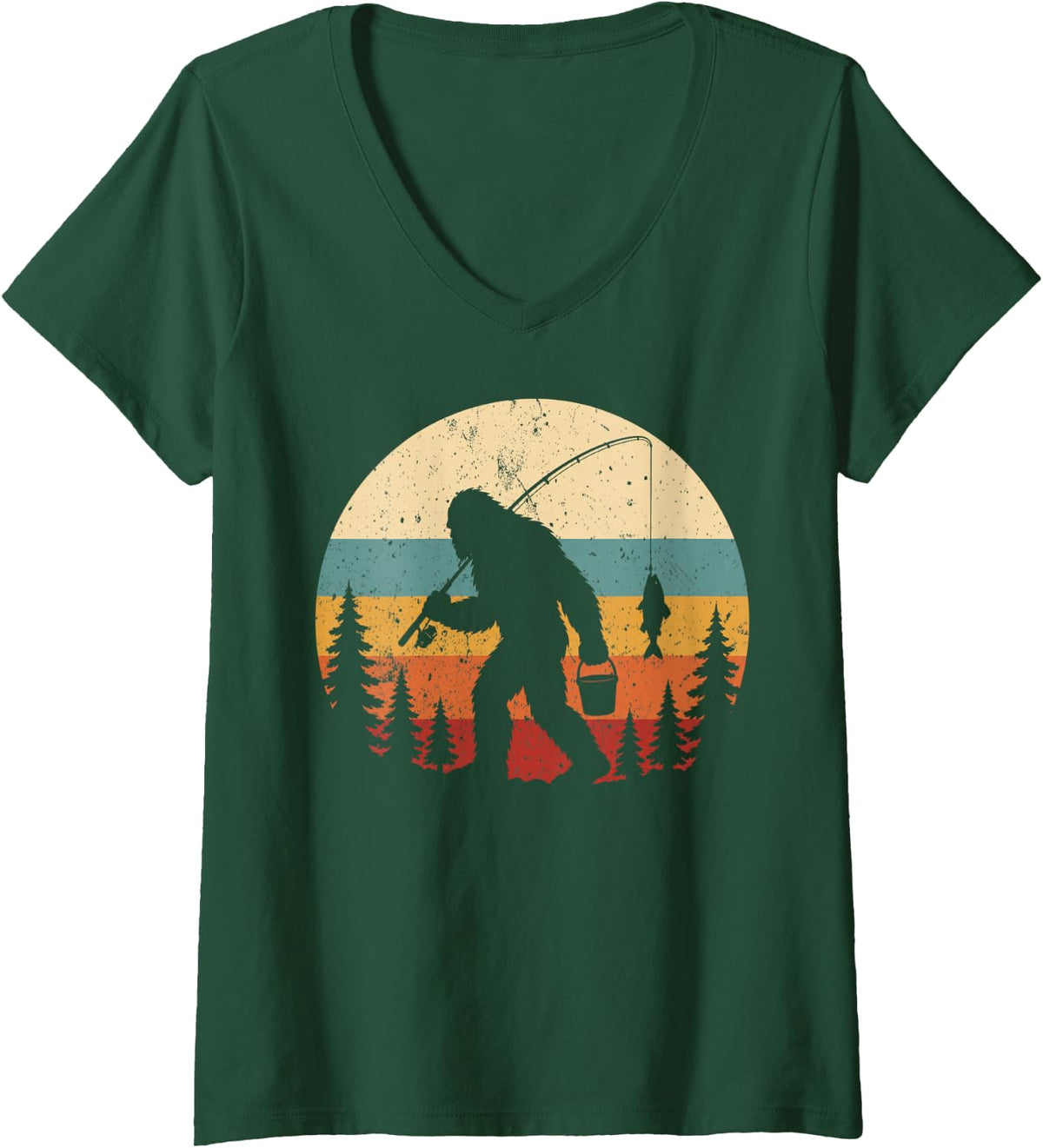 Women's Bigfoot Fishing Angler Retro Fisherman Sasquatch Fish V-Neck T-Shirt - Dark Green
