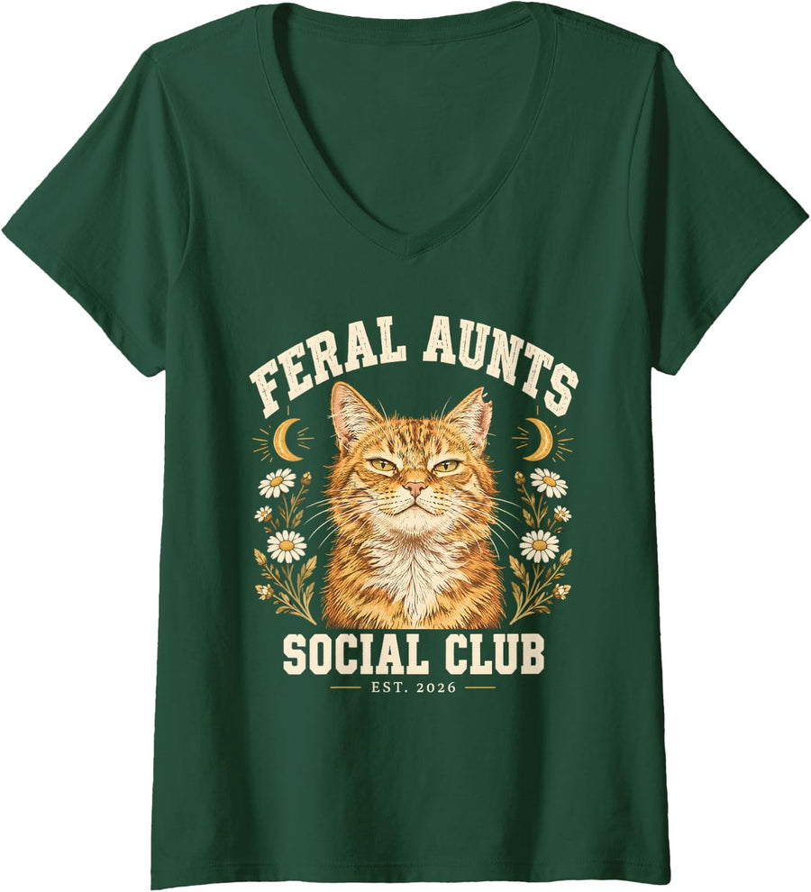 Women's Feral Aunts Social Club Alley Cat Auntie V-Neck T-Shirt - Dark Green