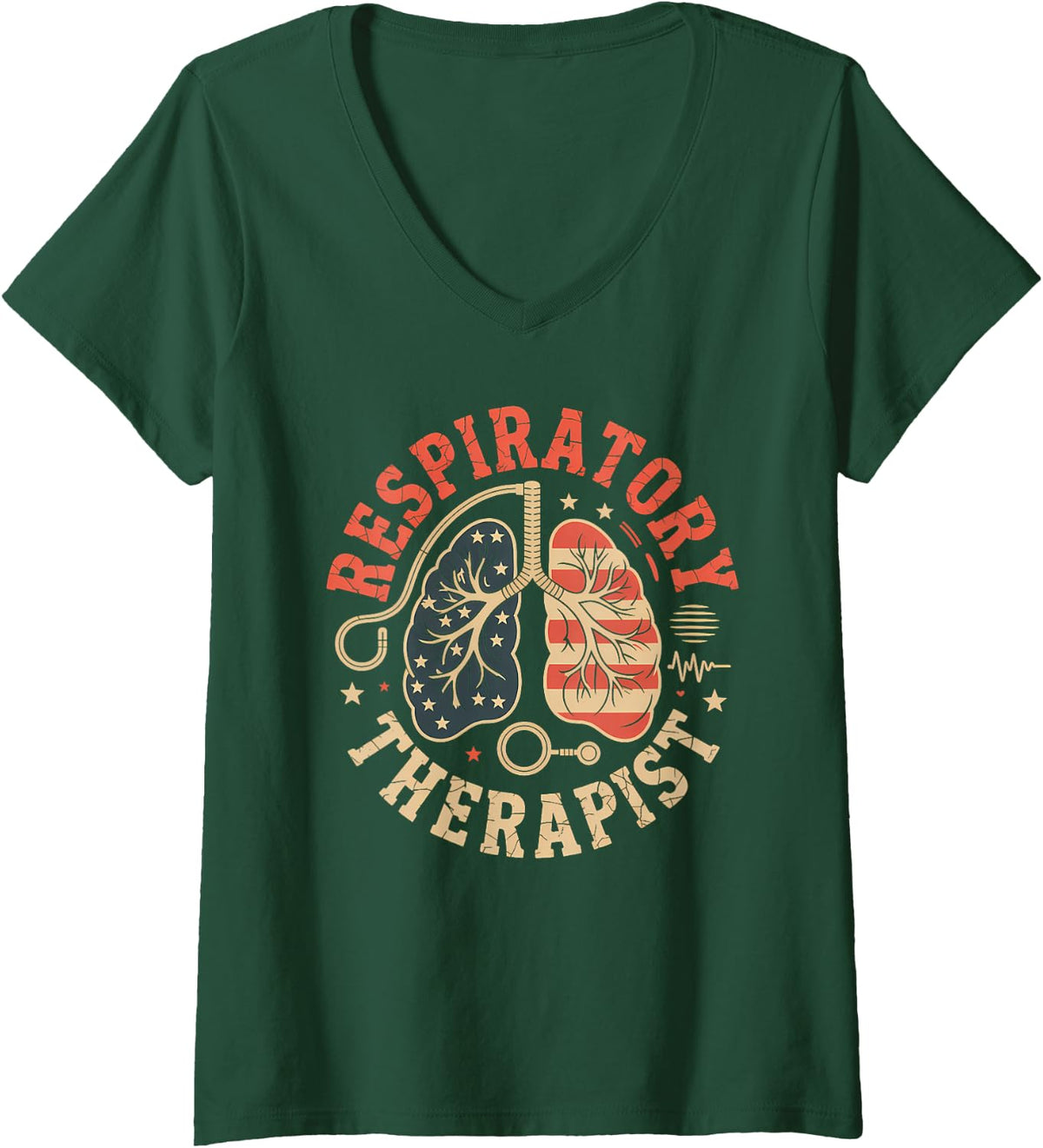 Women's Patriotic Respiratory Therapist Lungs Medical Professional V-Neck T-Shirt - Dark Green