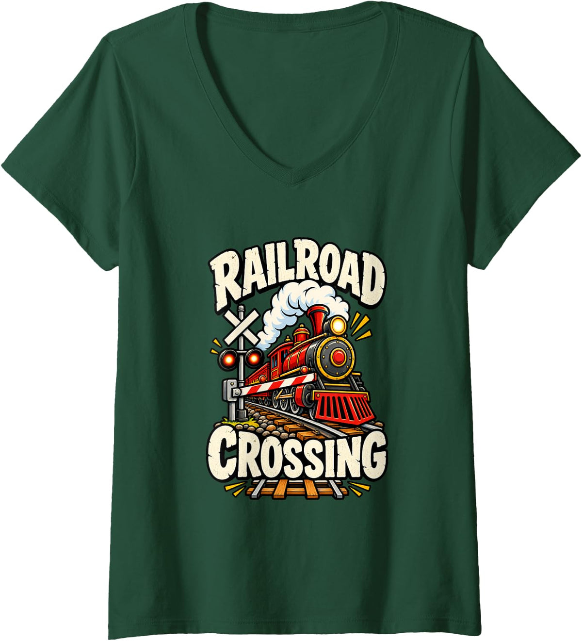 Women's Train Lover Locomotive Railway Humor V-Neck T-Shirt - Dark Green