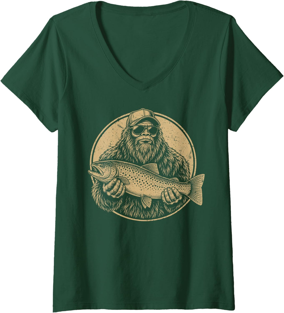 Women's Bigfoot Trout Fishing Fisherman Angler Sasquatch Mountain V-Neck T-Shirt - Dark Green
