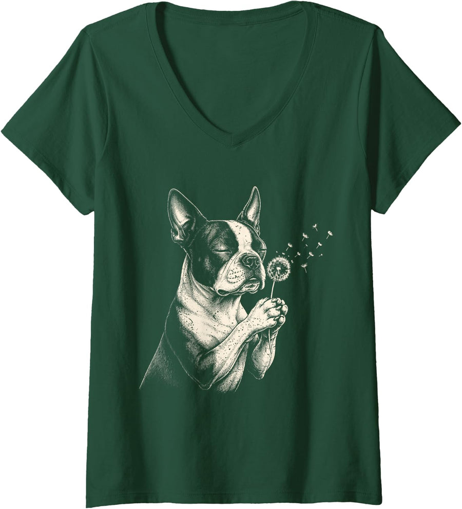 Women's Boston Terrier Blowing Dandelion Vintage 90s Dog Lover V-Neck T-Shirt - Dark Green