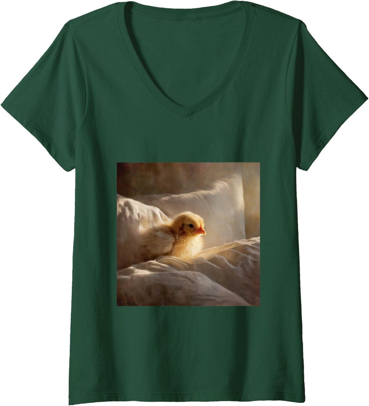 Women's Cute Little Yellow Animal Life V-Neck T-Shirt - Dark Green