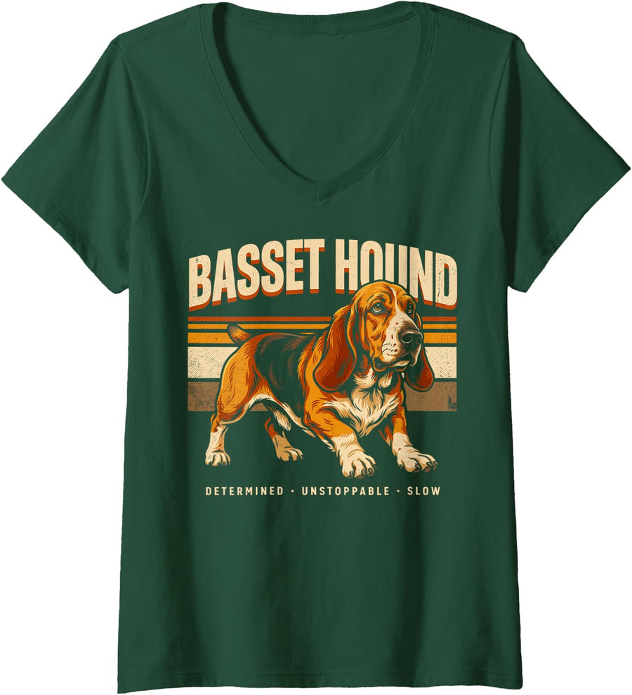 Women's Determined Unstoppable Slow Basset Hound V-Neck T-Shirt - Dark Green