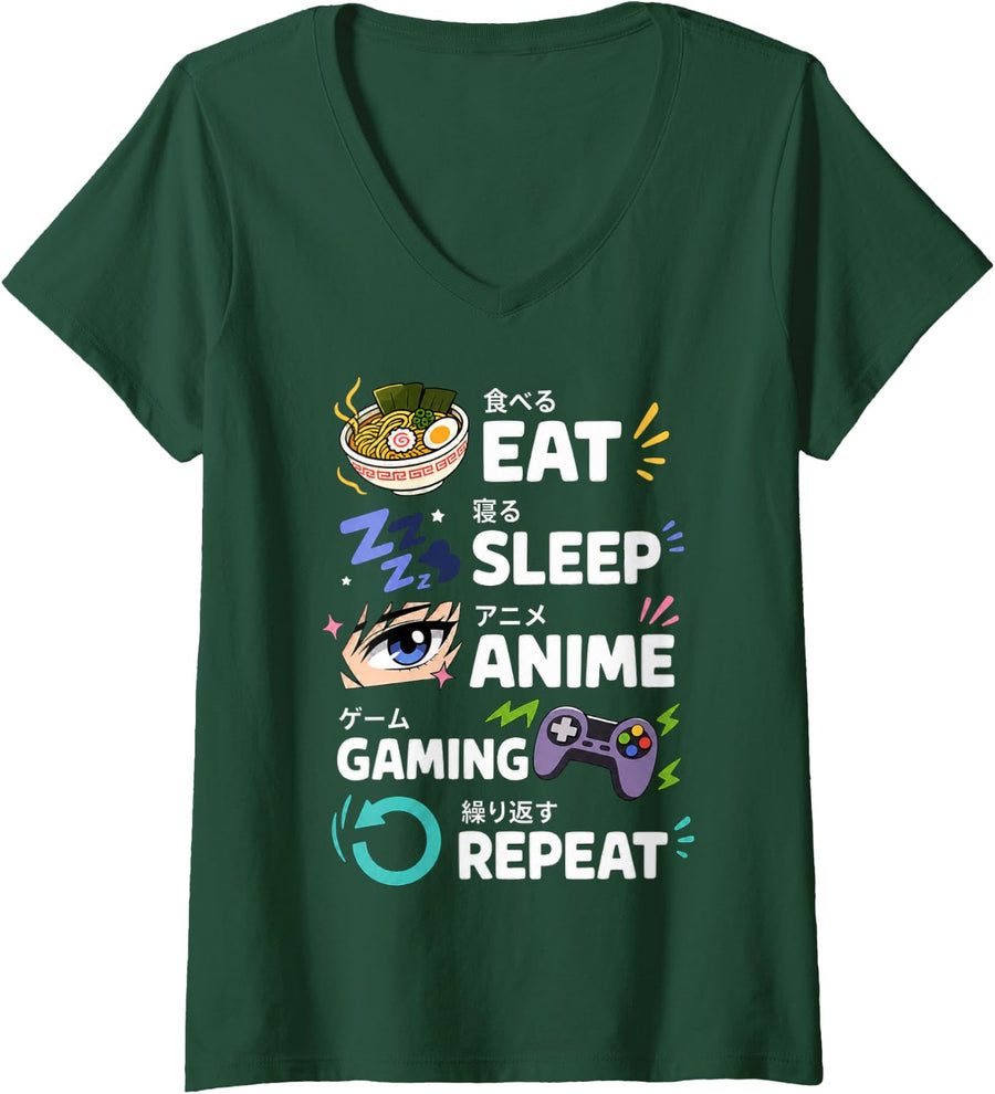 Women's Ramen Bowl Sleep Anime Gaming Design V-Neck T-Shirt - Dark Green