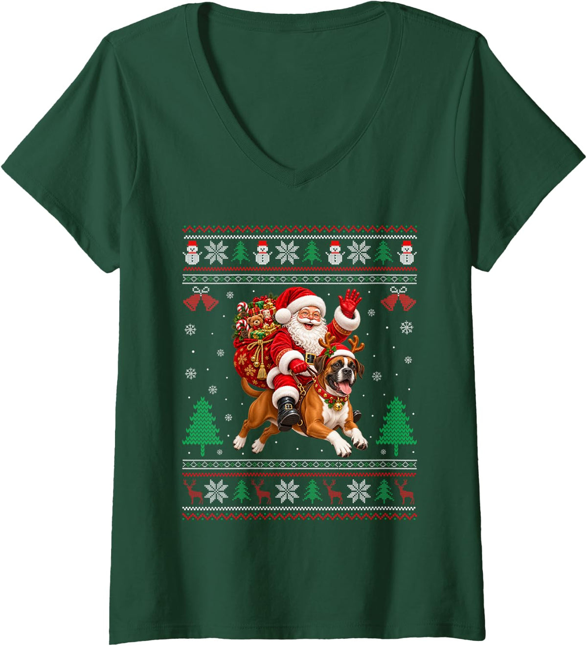 Women's Boxer Dog Ugly Christmas Sweater Santa Riding Dog Xmas V-Neck T-Shirt - Dark Green
