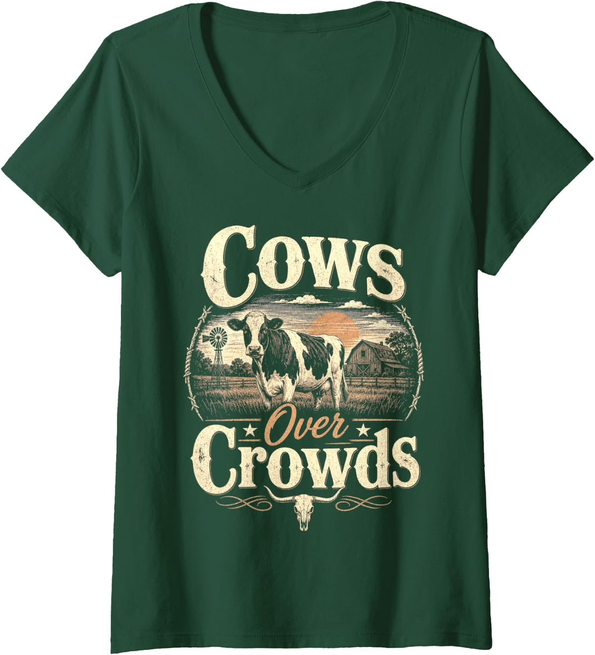 Women's Cows Over Crowds Cow Lover Vintage Farm Life Graphic V-Neck T-Shirt - Dark Green