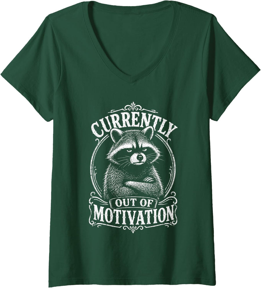 Women's Sarcasm Raccoon Humorous Saying Dry Antisocial Work Humor V-Neck T-Shirt - Dark Green