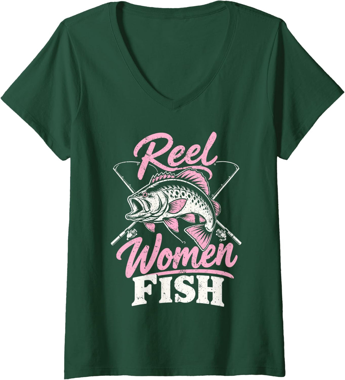 Women's Reel Women Fish Funny Fisherwoman Fishing Angler Bass Fish V-Neck T-Shirt - Dark Green