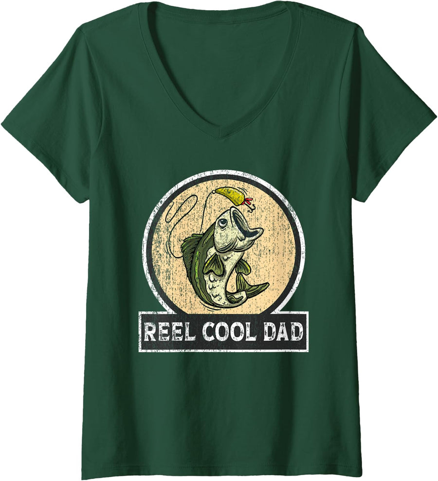 Women's Reel Cool Dad American Fisherman Reel Bass Vintage Camo V-Neck T-Shirt - Dark Green