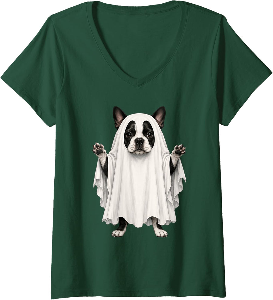 Women's Boston Terrier Dog Ghost Halloween V-Neck T-Shirt - Dark Green