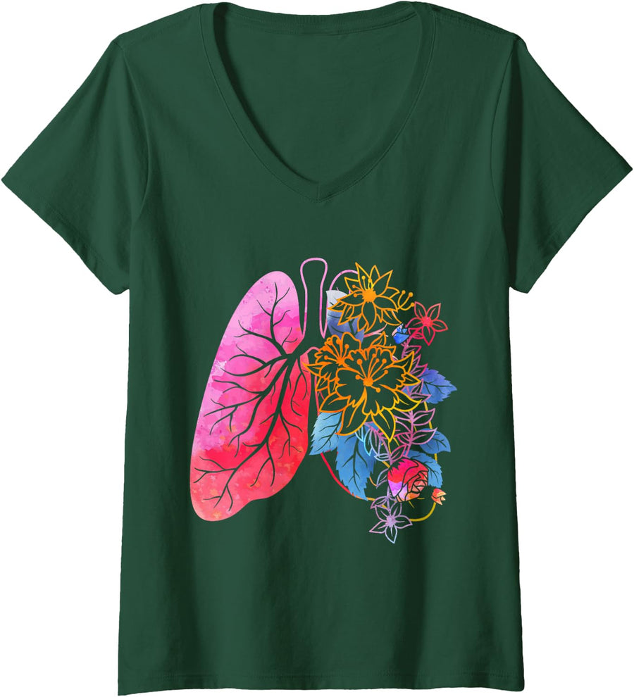 Women's Respiratory Therapist Lung Cancer Asthma Month Pulmonologist V-Neck T-Shirt - Dark Green