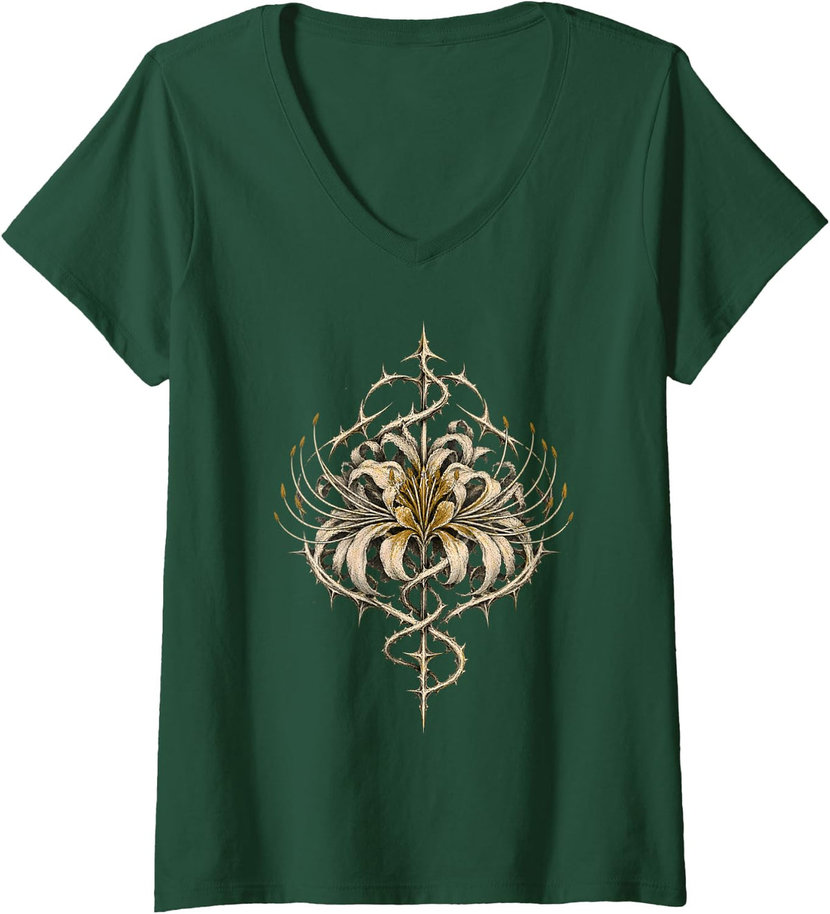 Women's Cyber Goth Clothing Spider Lily Sigil Grunge Alt V-Neck T-Shirt - Dark Green
