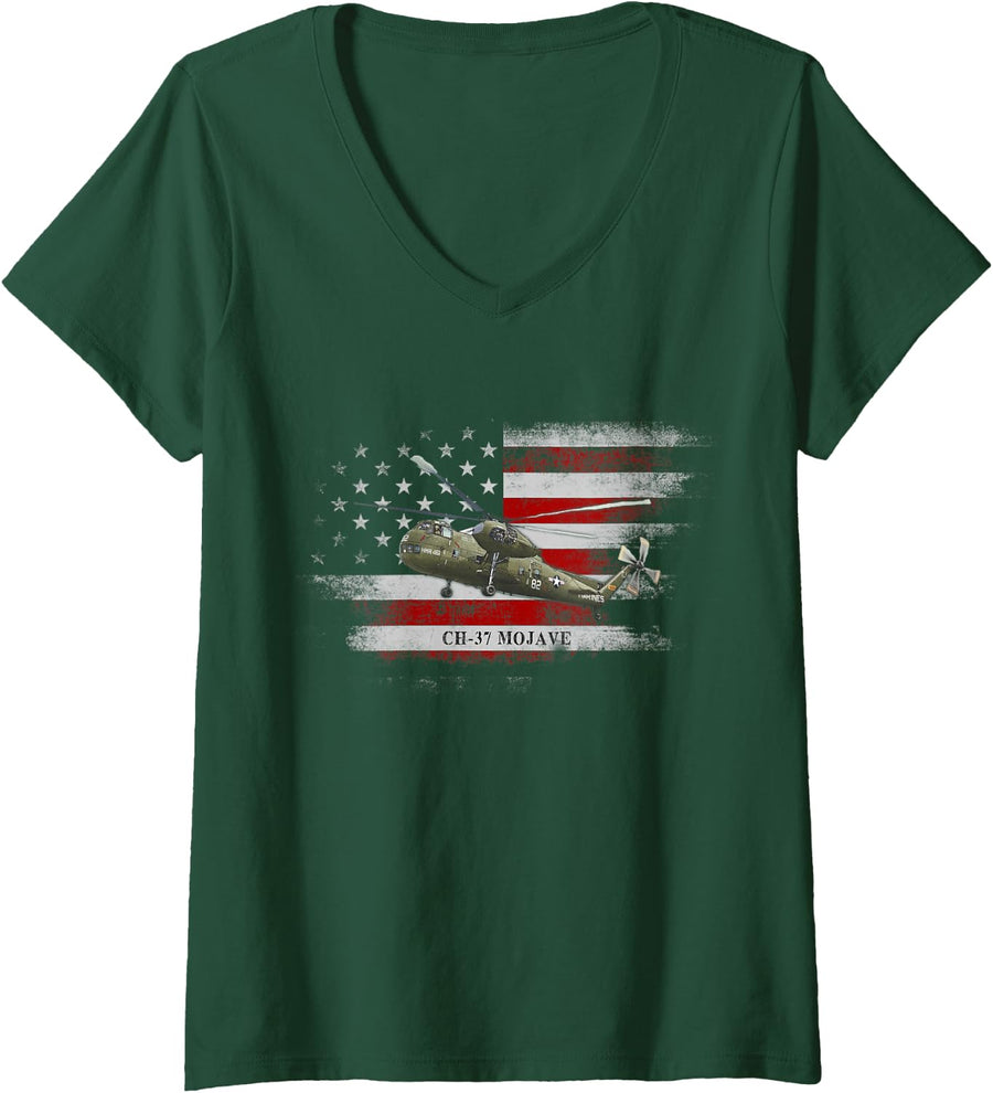 Women's CH-37 Mojave Helicopter USA Flag Helicopter Pilot Gifts V-Neck T-Shirt - Dark Green