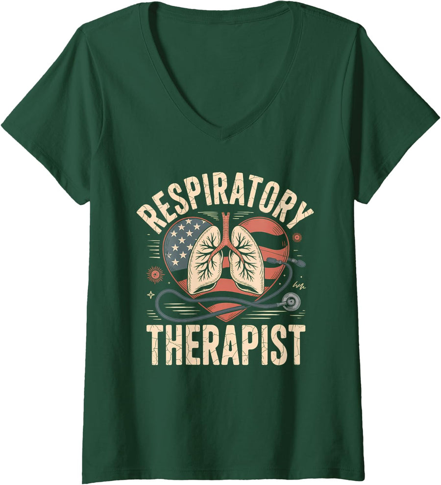 Women's Patriotic Respiratory Therapist American Flag Lungs V-Neck T-Shirt - Dark Green