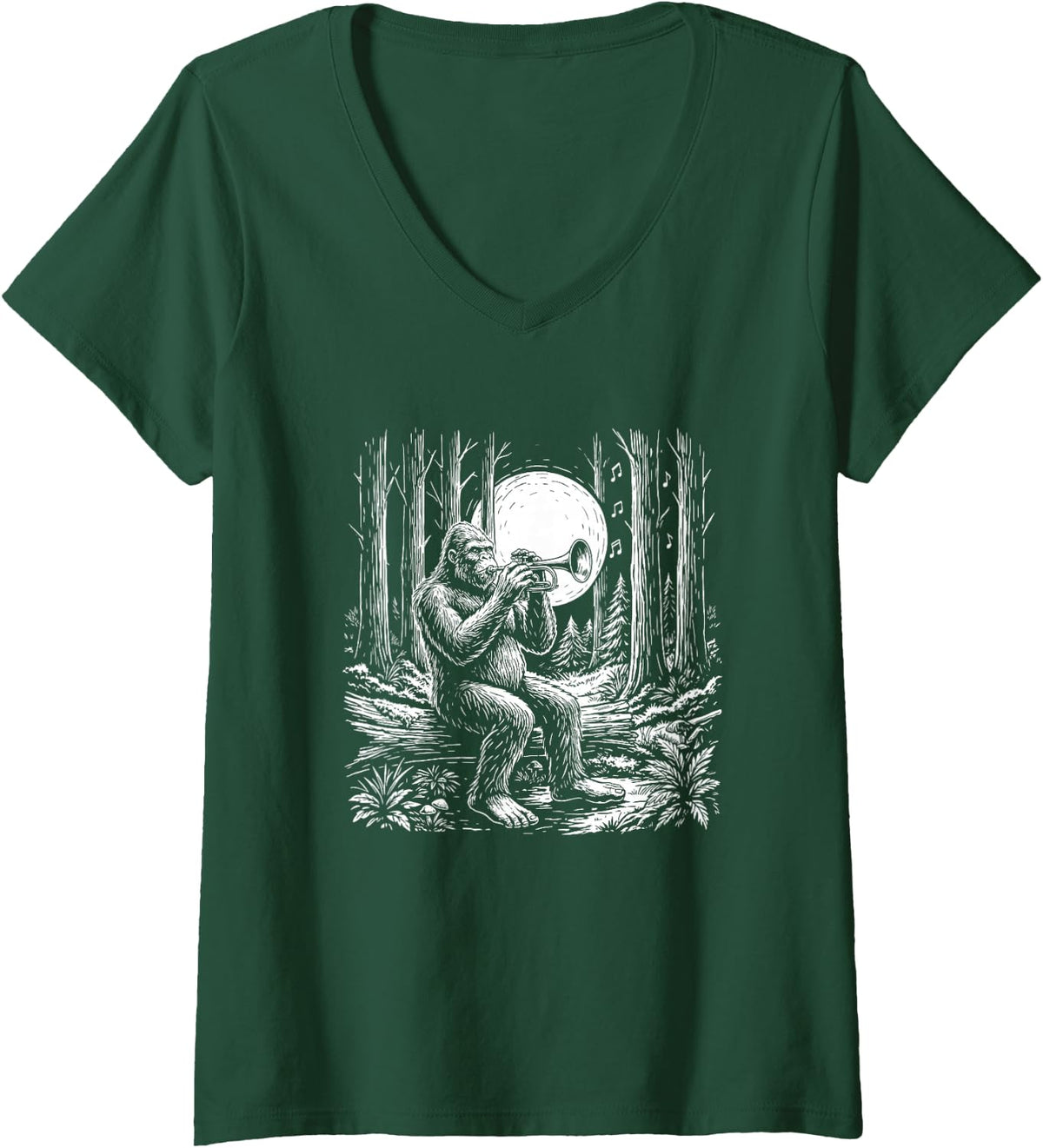 Women's Trumpet Player Sasquatch Big Band Horn Section Bigfoot Humor V-Neck T-Shirt - Dark Green