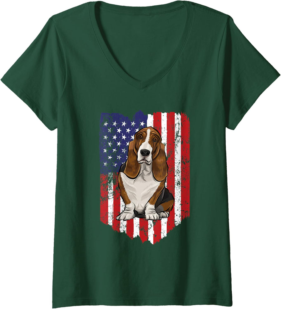 Women's American Flag Basset Hound USA V-Neck T-Shirt - Dark Green