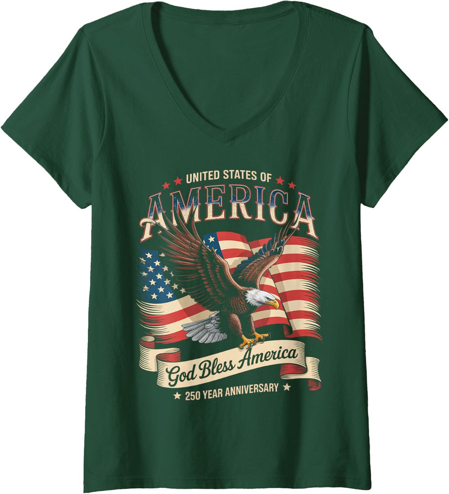Women's God Bless America USA American Flag V-Neck T-Shirt - Dark Green