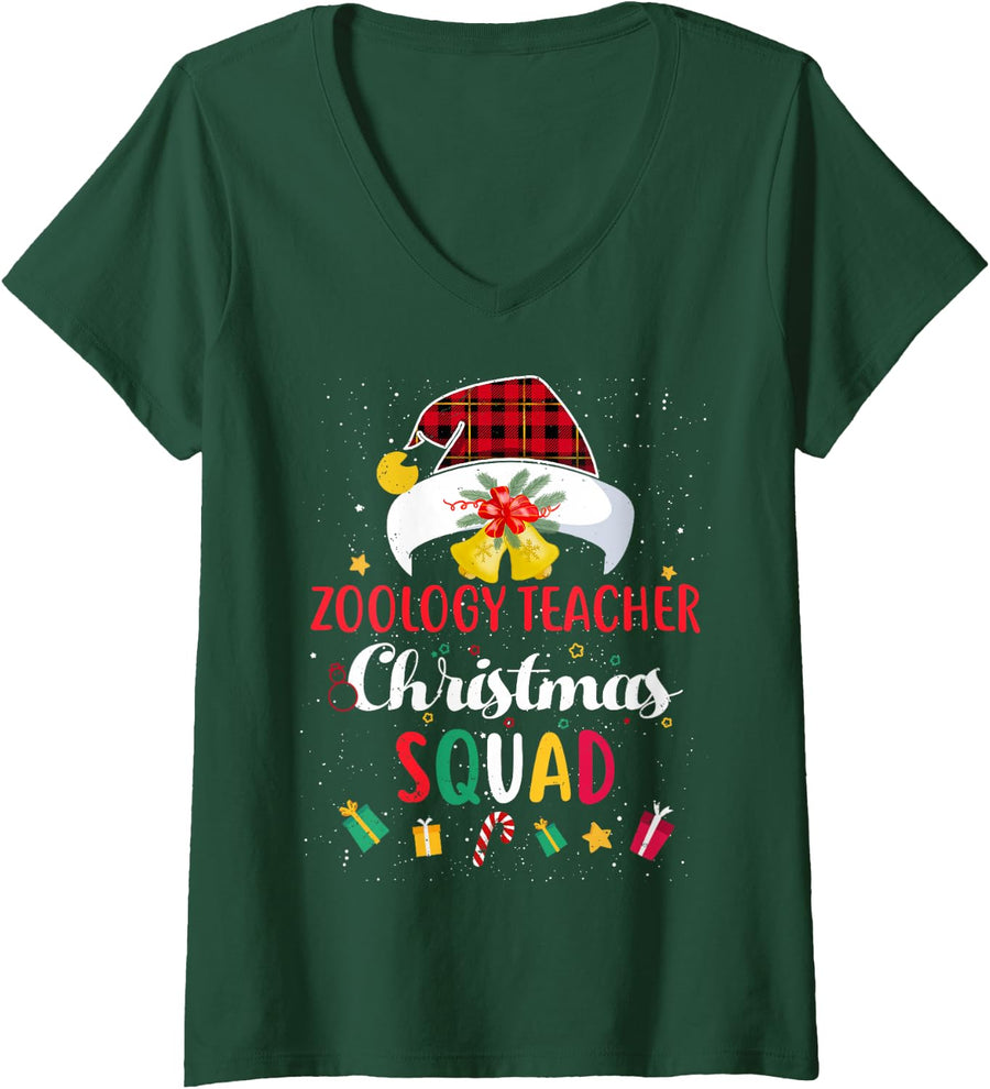 Women's Zoology Teacher Christmas Squad Santa Hat Match V-Neck T-Shirt - Dark Green