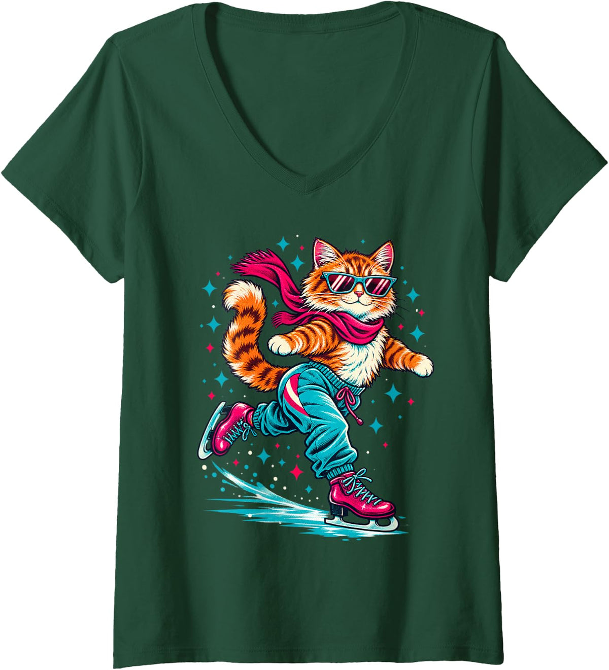 Women's Funny Orange Tabby Cat Figure Skating Retro Ice Skater V-Neck T-Shirt - Dark Green
