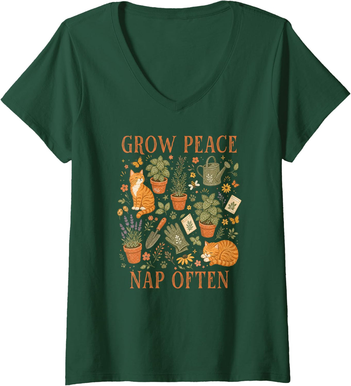 Women's Crow Peace Nap Often Funny Cat Gardening Herbs Men Women V-Neck T-Shirt - Dark Green