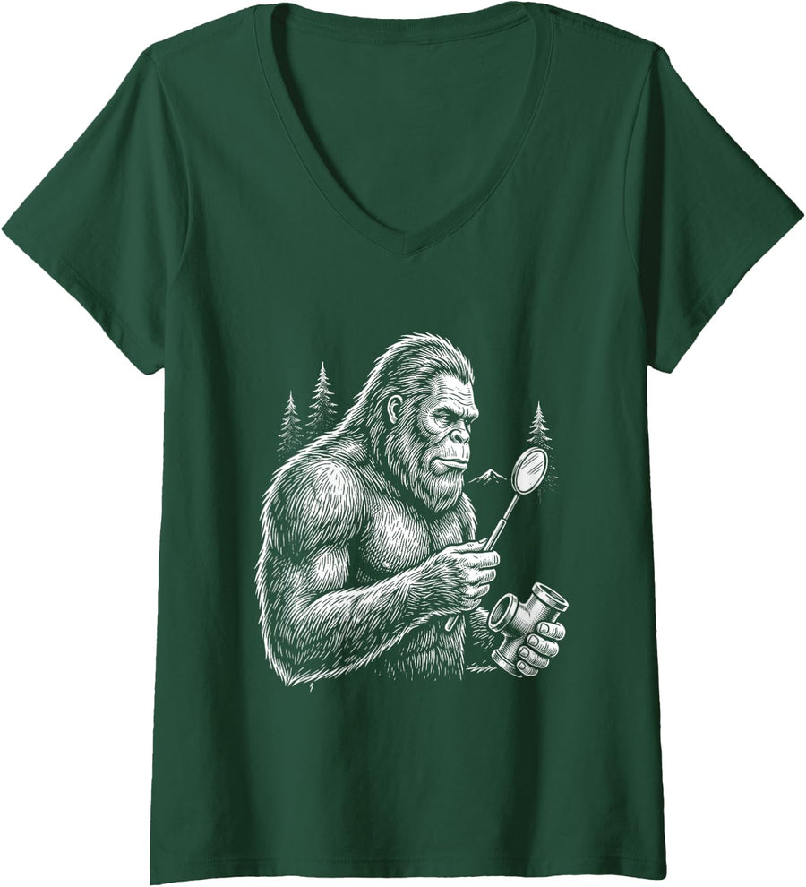 Women's Funny Plumber Bigfoot Sasquatch Pipefitter Boiler Men V-Neck T-Shirt - Dark Green