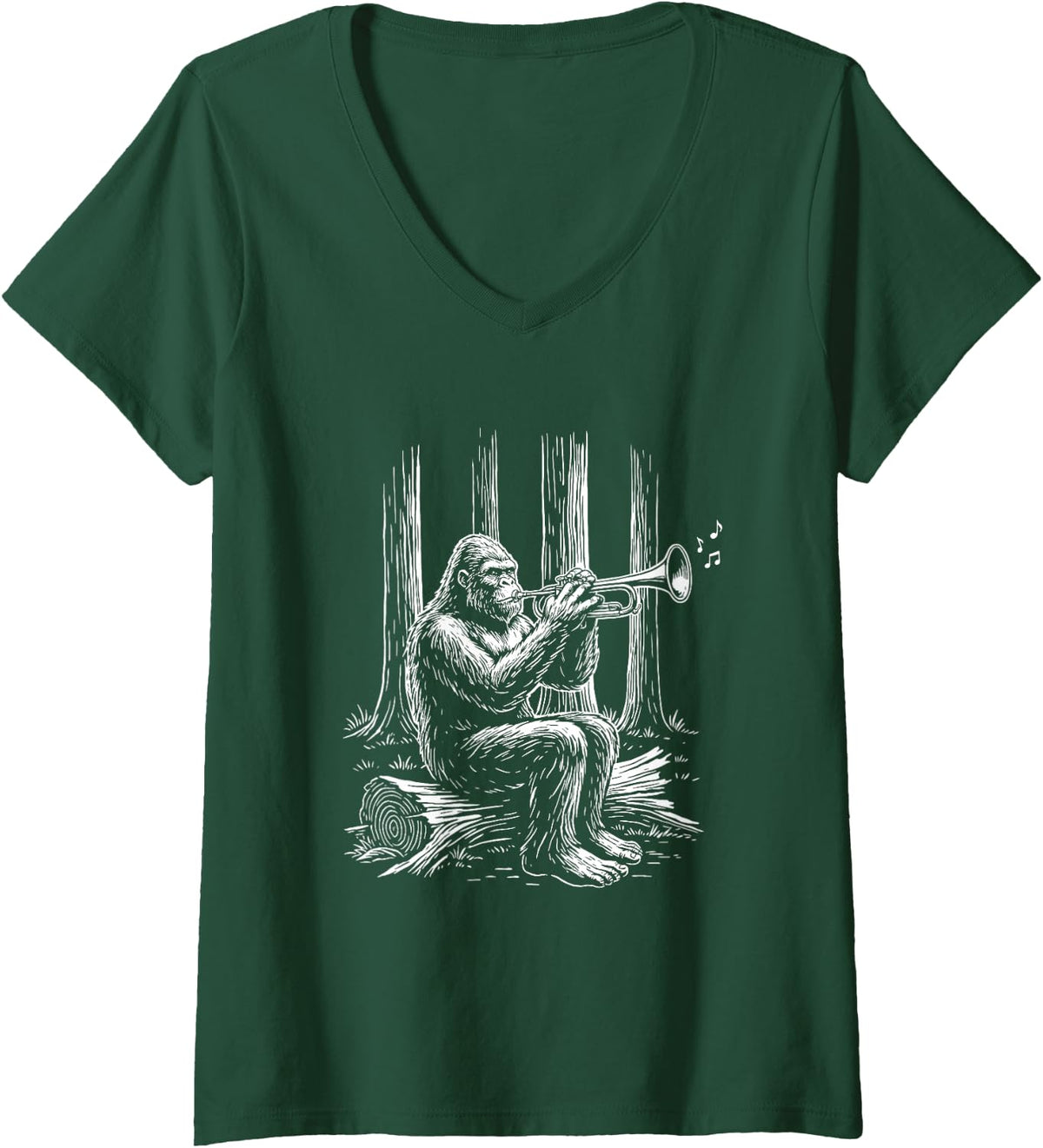 Women's Grooves Trumpet Bigfoot Sasquatch Trumpeter Marching Band V-Neck T-Shirt - Dark Green