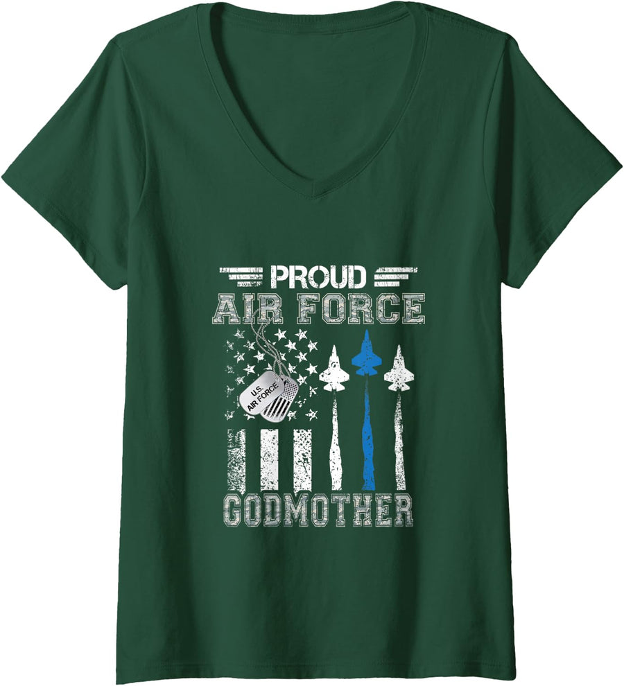Women's Proud Air Force Godmother US Air Force Graduation Godmother V-Neck T-Shirt - Dark Green