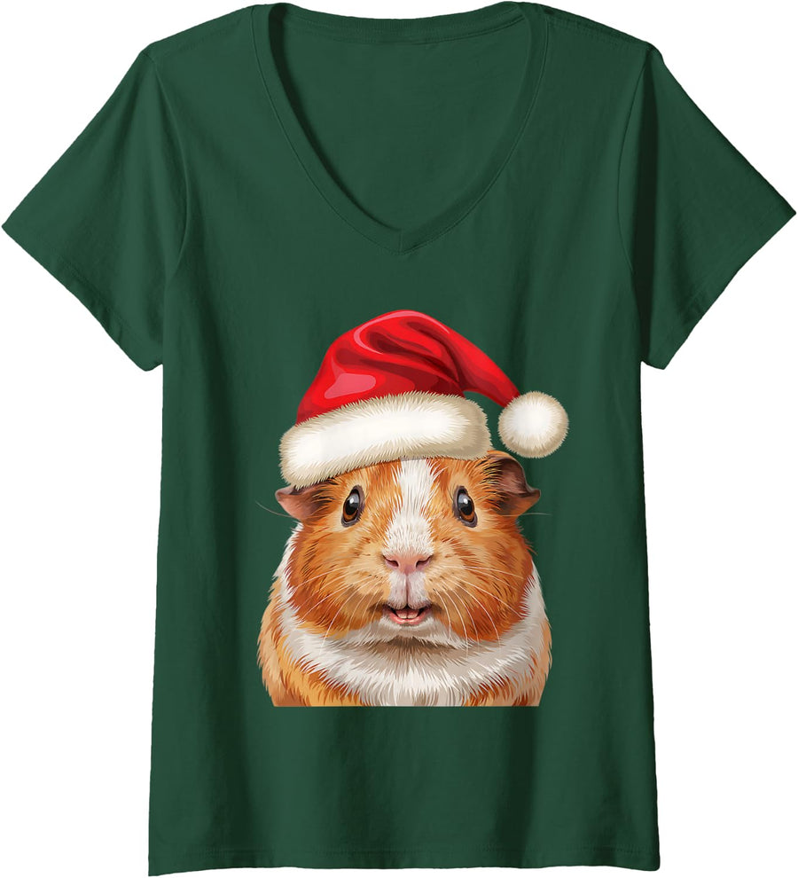 Women's Guinea Pig Santa Hat Christmas Animal Lover Men Women Kid V-Neck T-Shirt - Dark Green